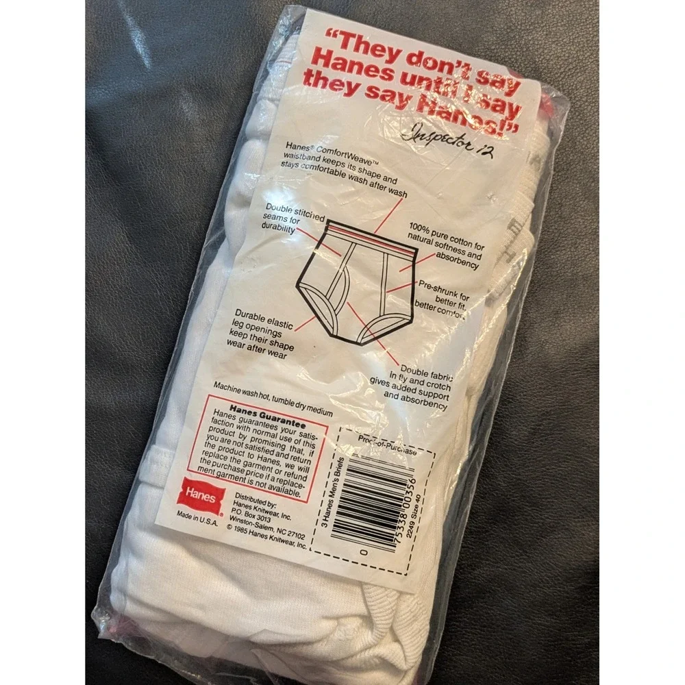 Vintage 1985 Hanes Mens Briefs 3 Pack White 100% Cotton Made in USA Size 40 NEW - Picture 4 of 4